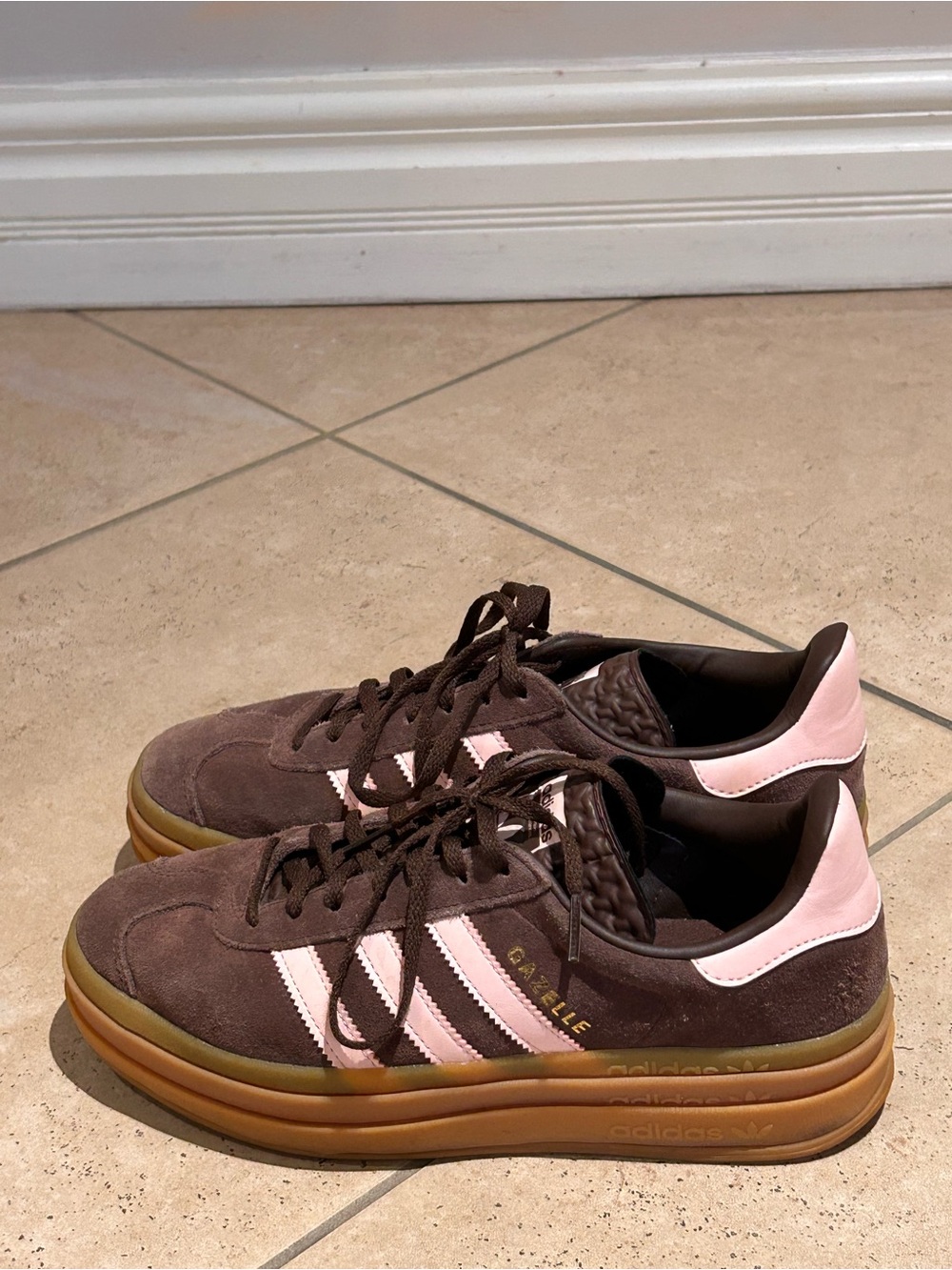 adidas Women's Gazelle Suede Sneaker — Brown with Pink Stripes